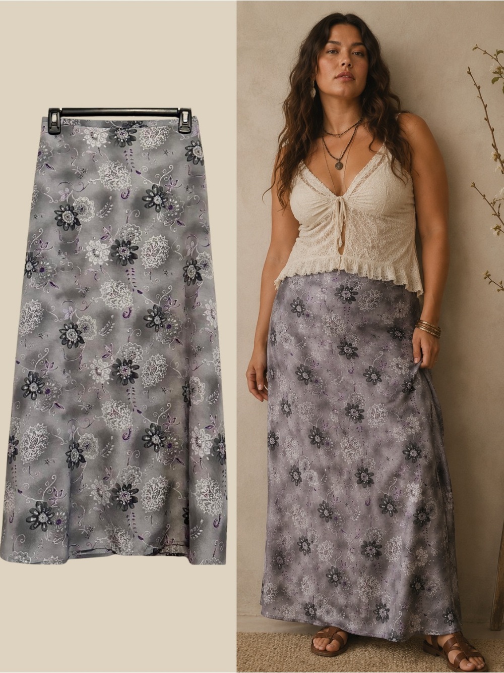 Vintage Y2K Gray Floral Maxi Skirt L Mesh ALine Cottagecore Fairy Grunge boho